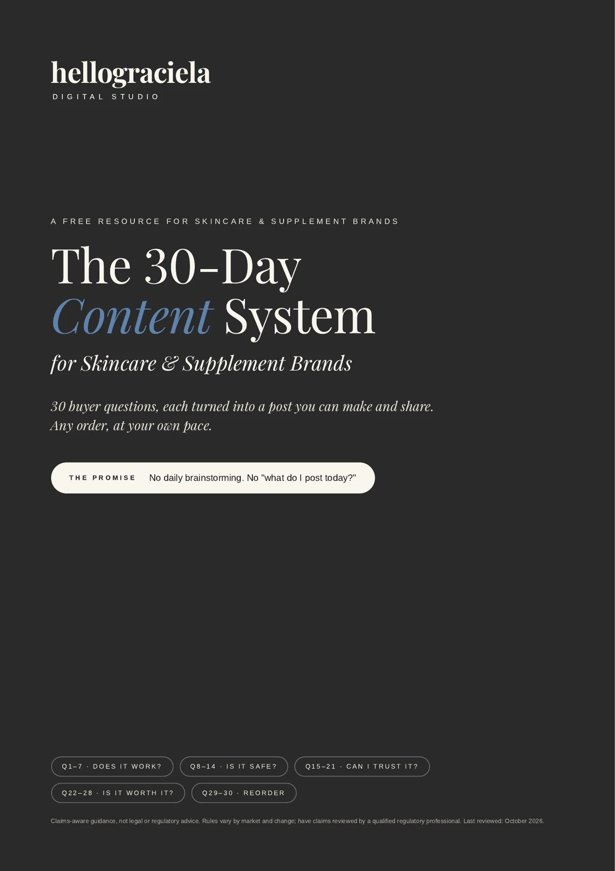 Cover of The 30-Day Content System for Skincare & Supplement Brands: 30 buyer questions, each turned into a post you can make and share. Any order, at your own pace.